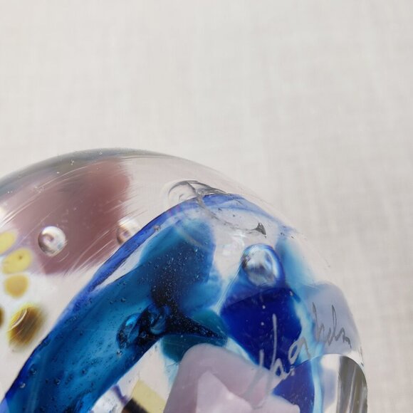 Spherical Art Glass Paperweight Controlled Bubbles Blue Pink Abstract Signed - Picture 3 of 7